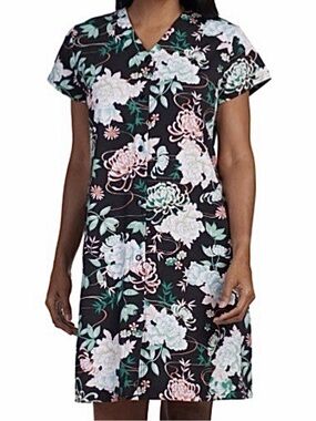 Miss Elaine Nightgown Robe Sz M Black Floral Snap Front Short Sleeve Pockets NWT